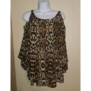 #349#899 XS Hot in Hollywood Print Solid Cold Shoulder Blouse Leopard NWOT